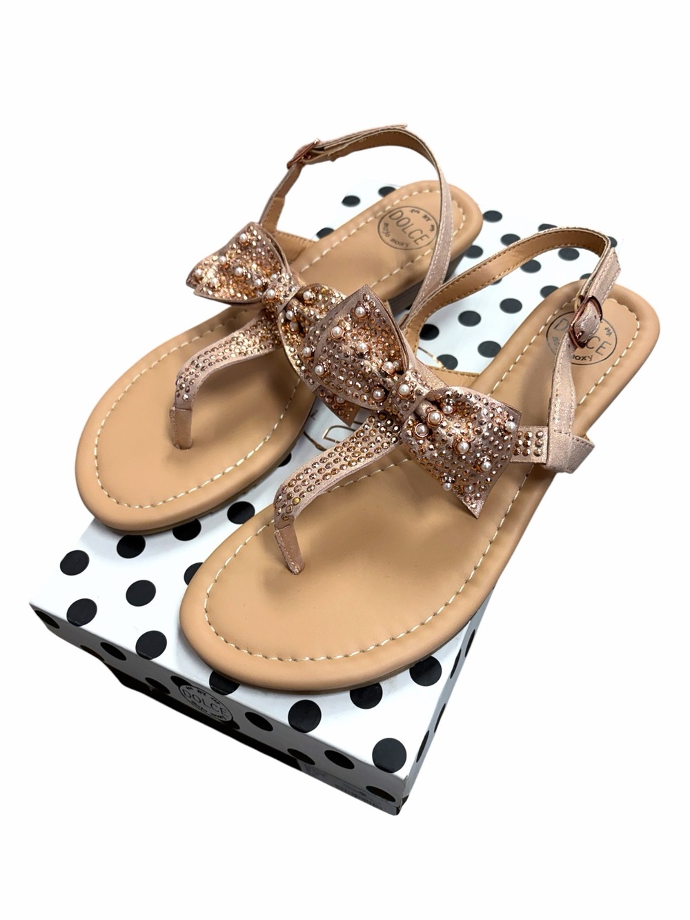 New Dolce Mojo Moxy Beige Rose Gold Bow Embellished Slingback Sandals - Size 6.5